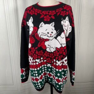 Vintage 90s Holiday Time Cat Christmas Sweater Black Red Green Large